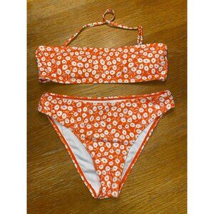 Orange & White Floral Bandeau Bikini Set